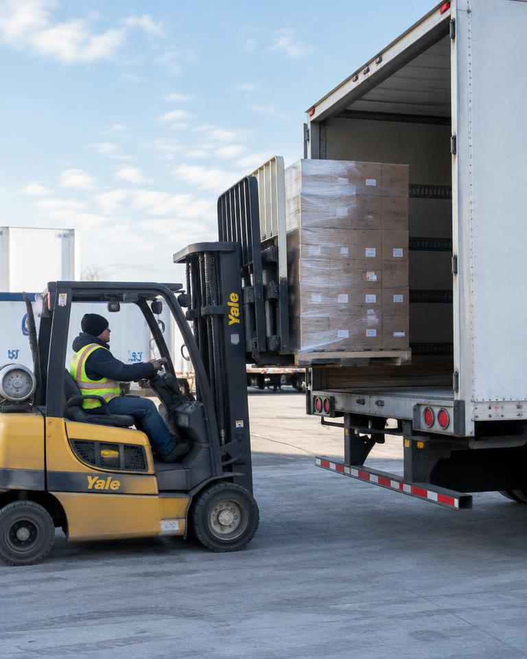 Forklift loading pallet freight onto a trailer