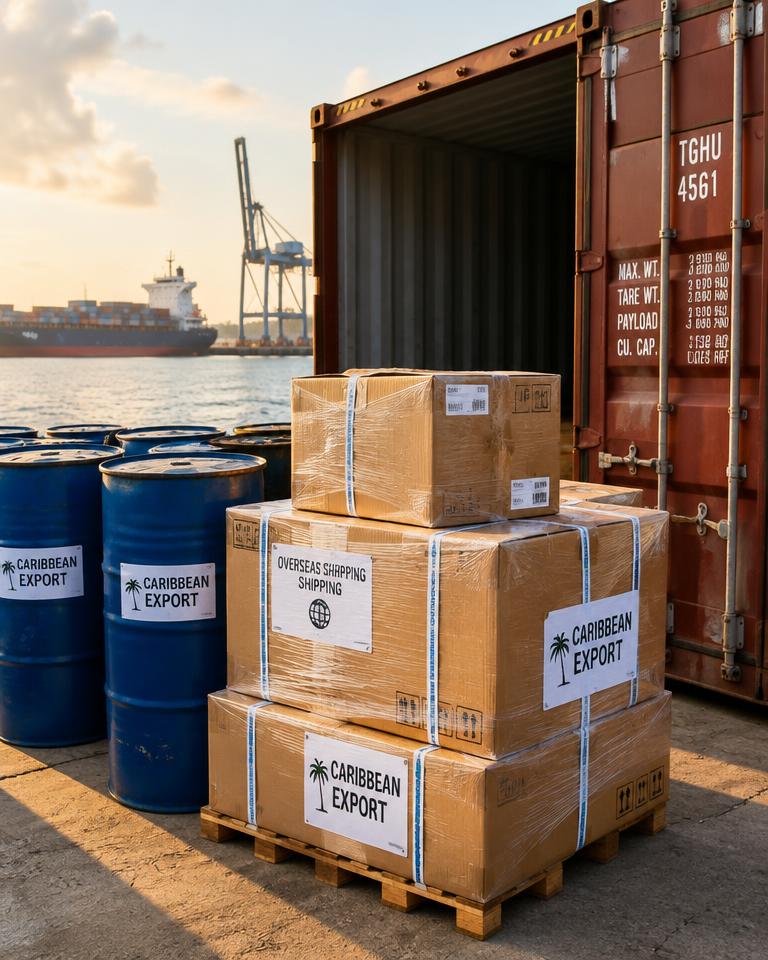 Barrels and boxes staged for shipping to Haiti
